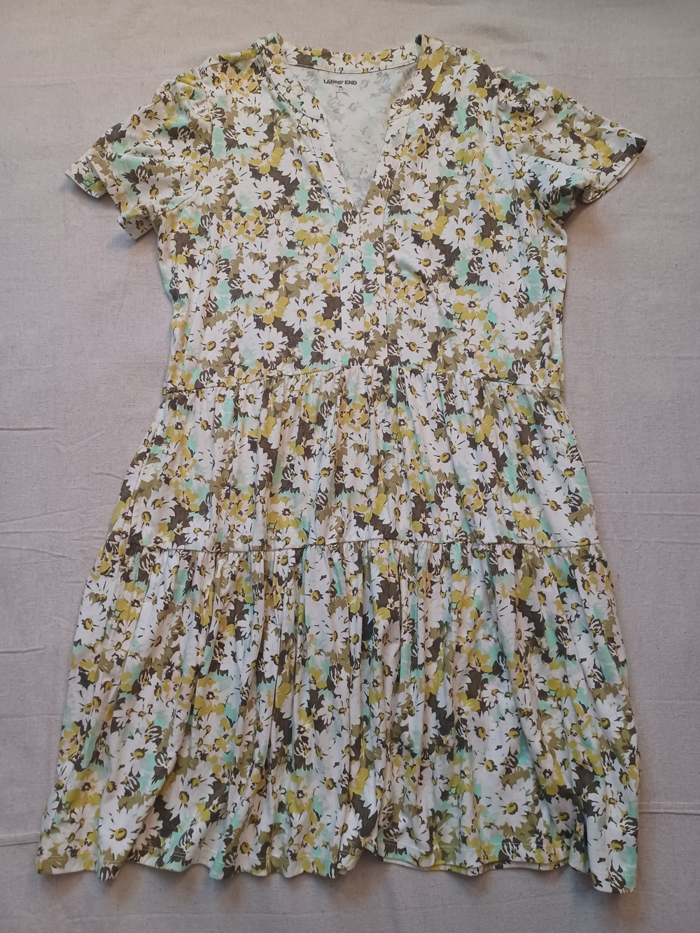 Lands' End Floral Tiered Short Sleeve Dress With Pockets Women's Size Medium